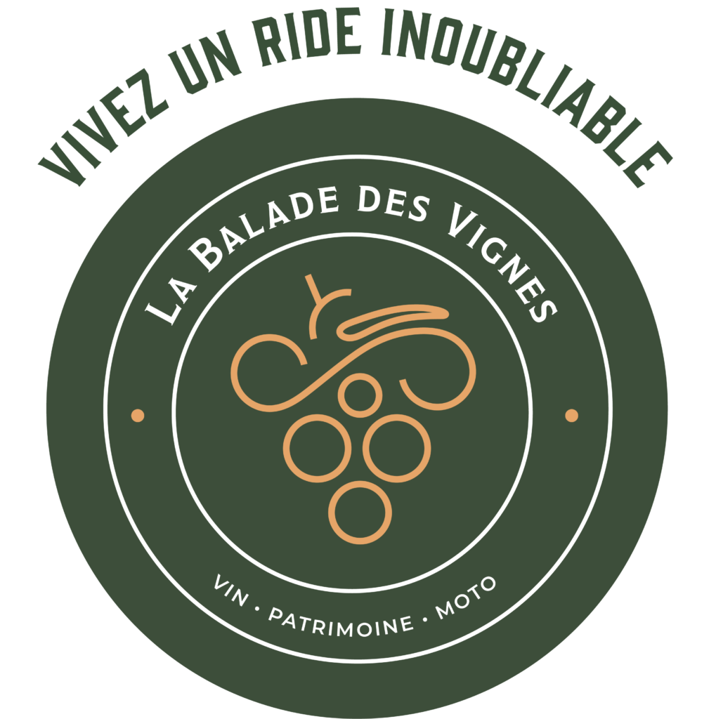 Logo dérivé de la Balade des Vignes effet tampon "Vivez un ride inoubliable"